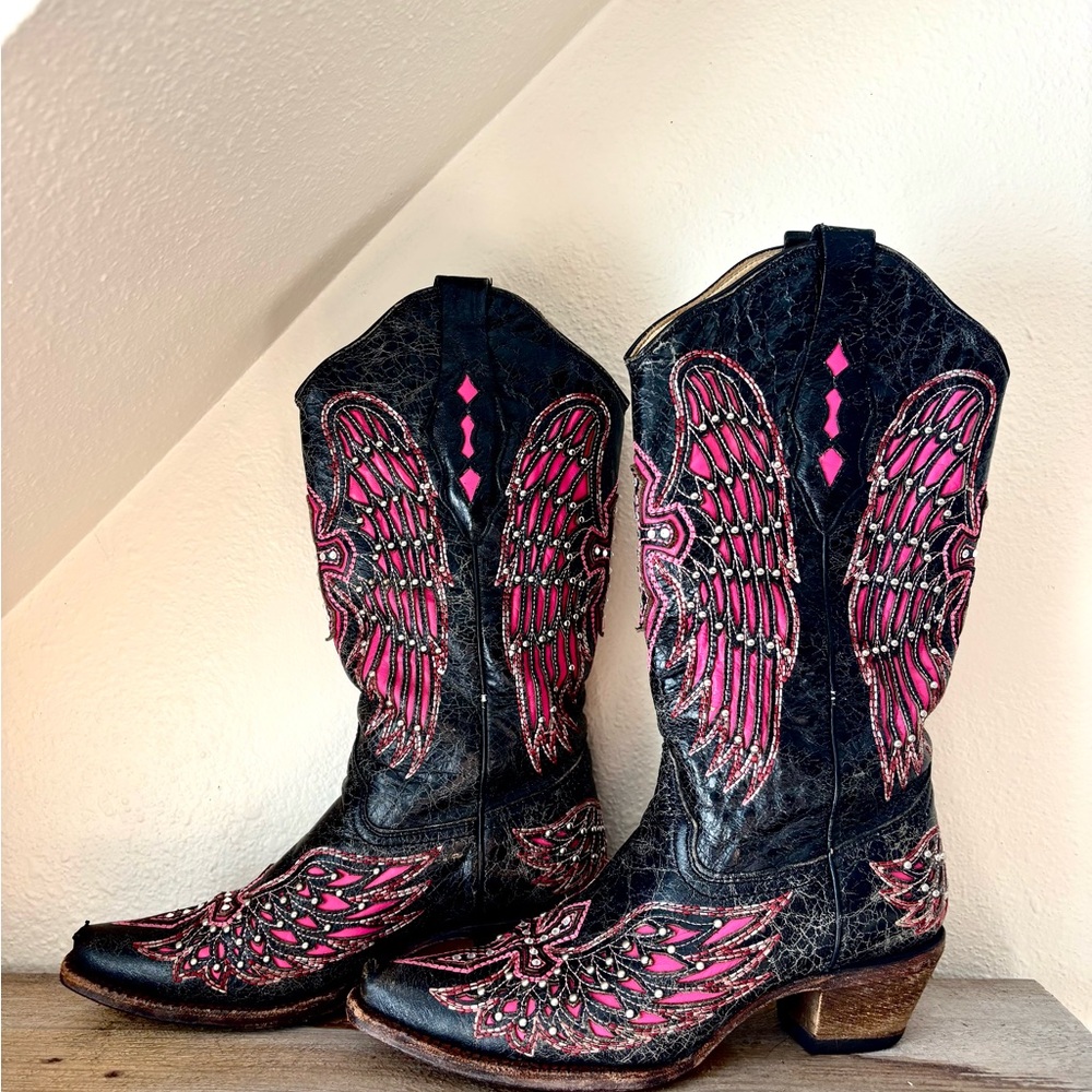 Corral Women's Black and Pink Cowboy Boots 7